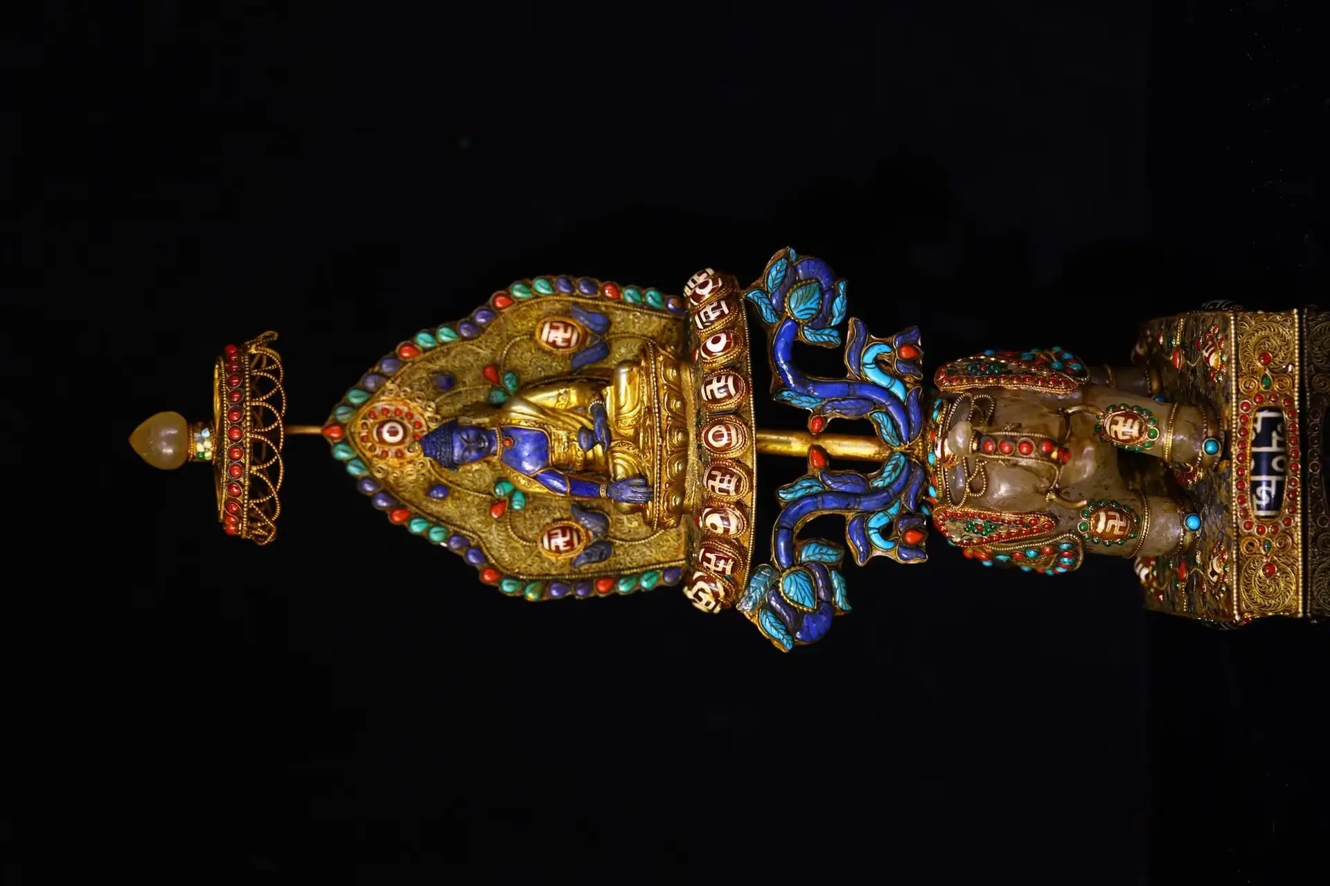 

16"Tibetan Temple Collection Natural Crystal Mosaic Gem gZi Beads Lapis lazuli Shakyamuni Sitting Buddha Elephant Buddhist Niche