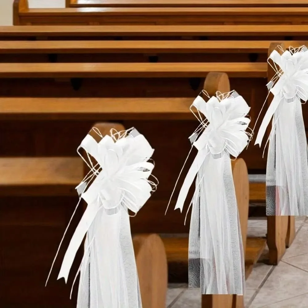 Satin Bow Long Tulle Tails Wedding Bow White Large White Wedding Bow Atmosphere Environmental Protection Pew Bows Ceremony