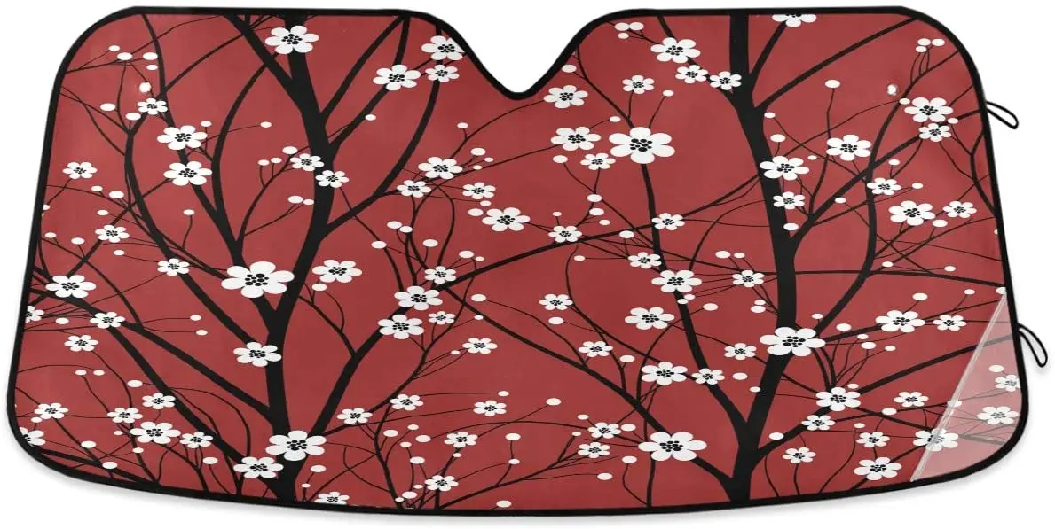 Oarencol Red Cherry Tree Car Windshield Sun Shade Japanese White Flower Floral Anime Blossom Foldable UV Ray Sun Visor Protector