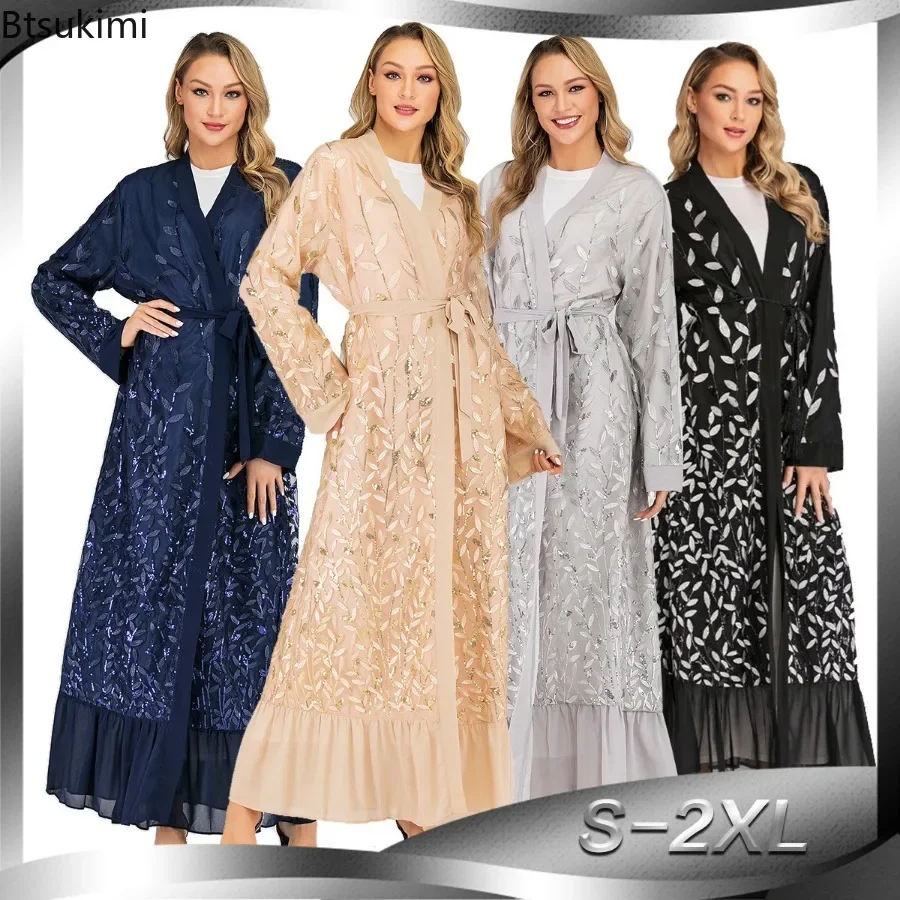 

Eid Arab Embroidery Robe Cardigan Fashion Women Dubai Abaya Kimono Lace Sequin Maxi Dress Turkey Kaftan Muslim Dresses for Women