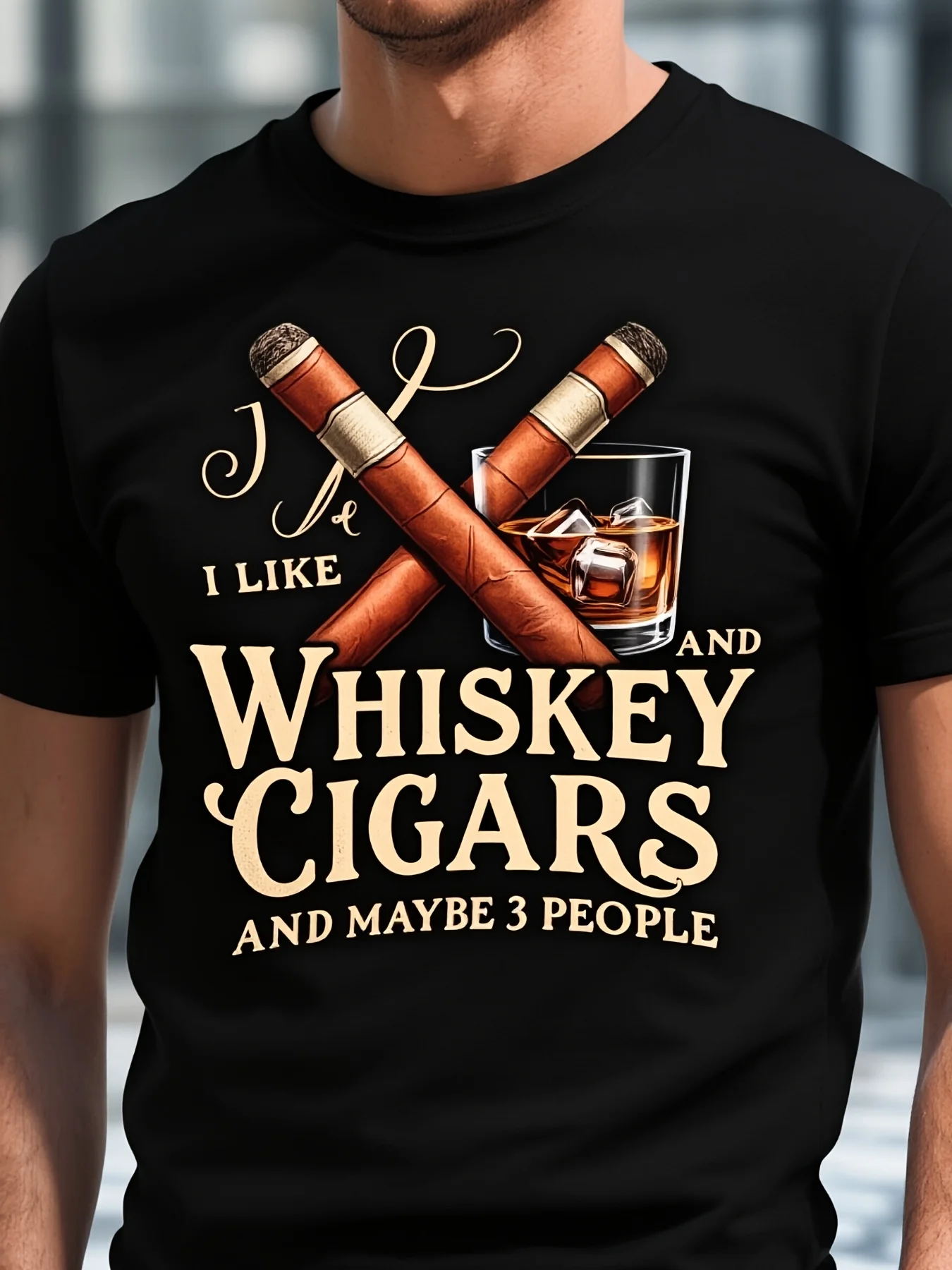 Whiskey and Cigars Text Men's Casual Grew Neck Short Sleeve TShirt for Summer PLUS SIZE4pure  Breathable Sweat-wicking and Soft Suitable for Daily Commutes Lounging at Home and Casual Wear.