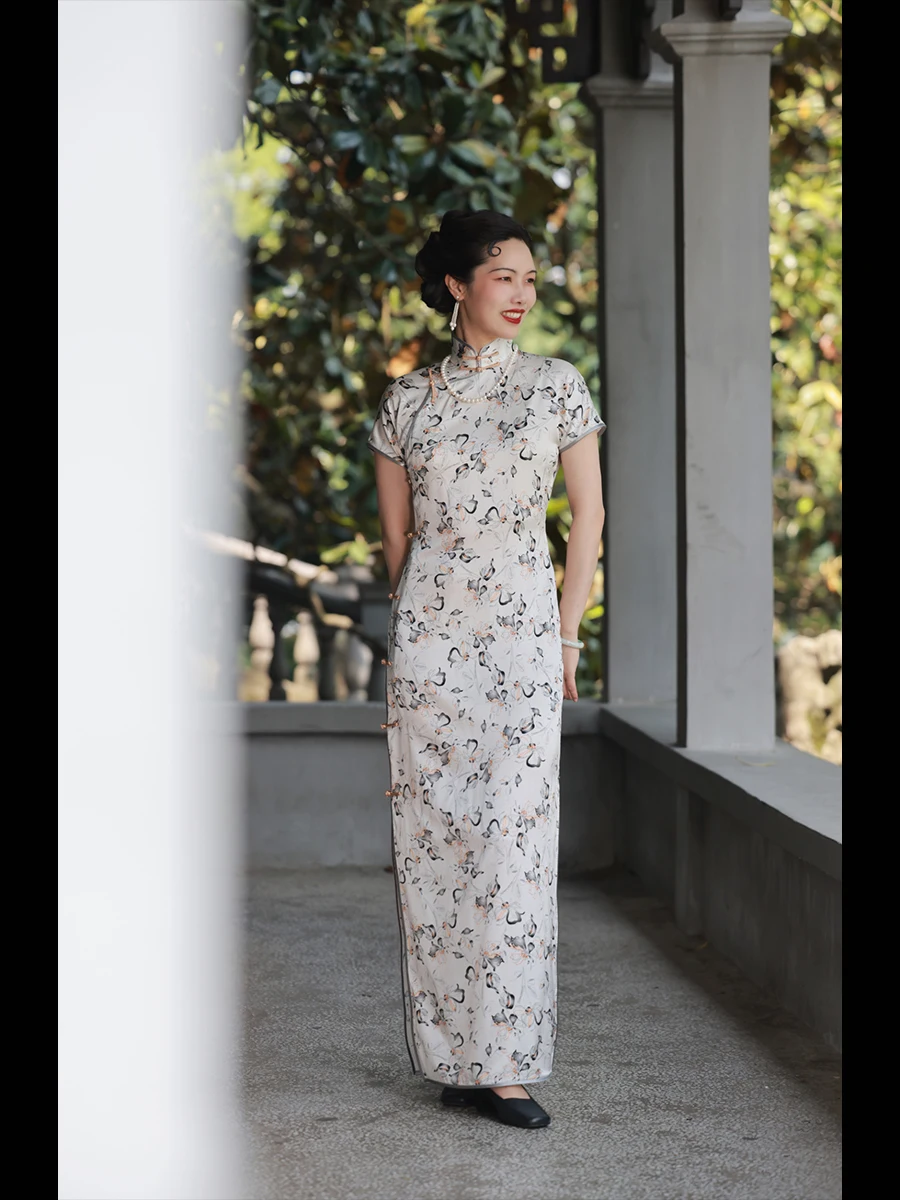 

Летнее длинное платье из натурального шелка в винтажном стиле, с квадратным воротником, в старинном стиле республики Китай...