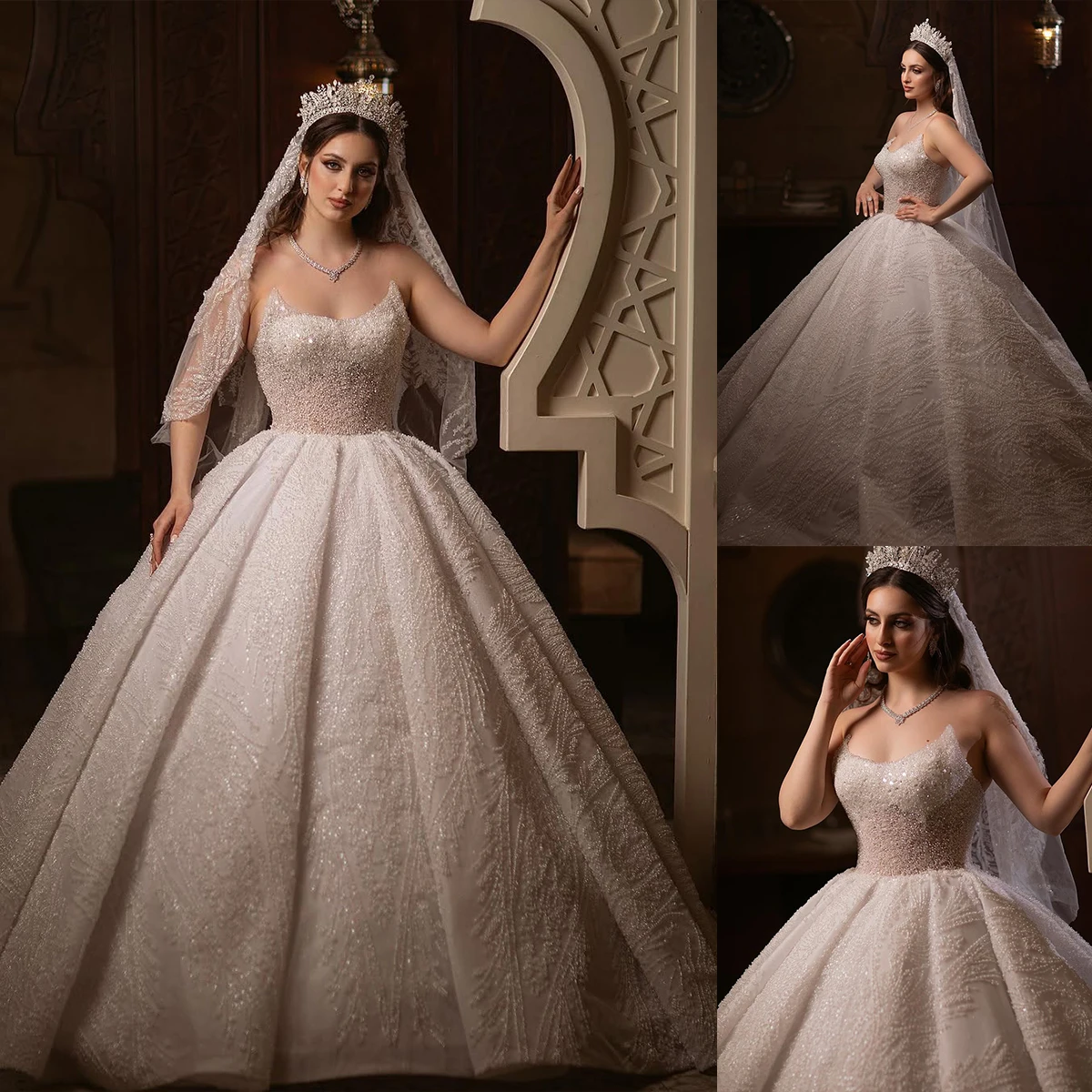 

Noble Handmade Ball Dresses Strapless Sleeveless Court Train Appliques Sequins Beading Princess Evening Party Gown Customized