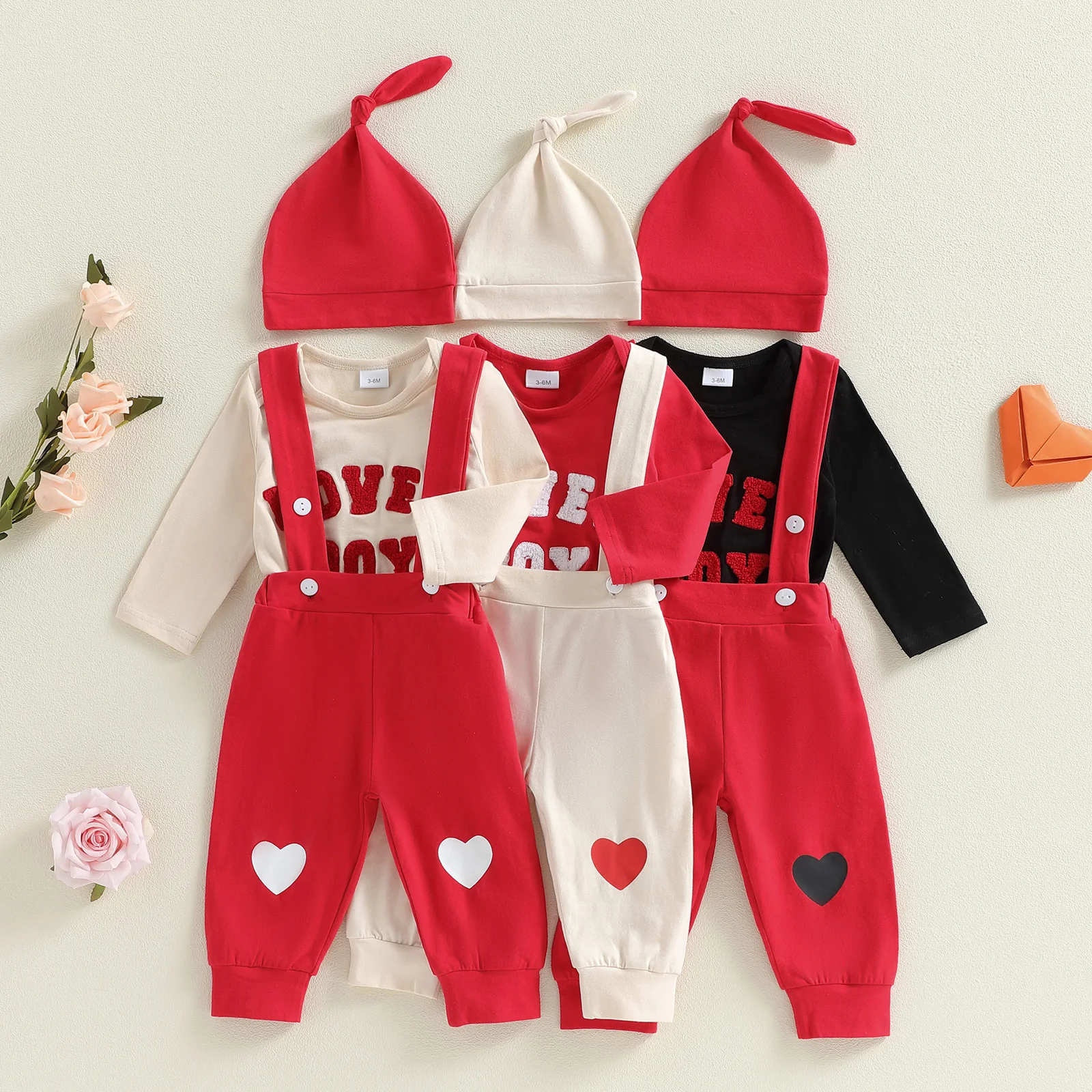 Spring Valentines Baby Boy's Clothing SetsLetters Embroidery Long Sleeve Romper Pants Hat Outfits Clothes