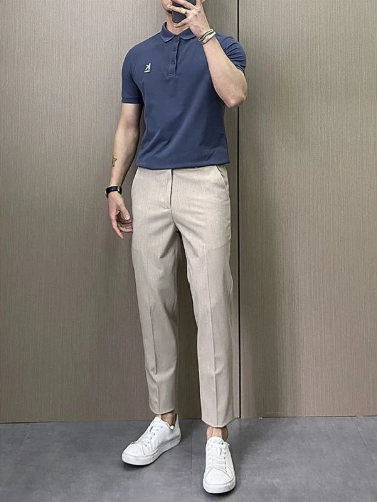Men's Khaki Pants 2026 Summer Thin Slim Fit Business Trousers Ankle Length Casual Office Wear Gentleman Suit Pants with Drape