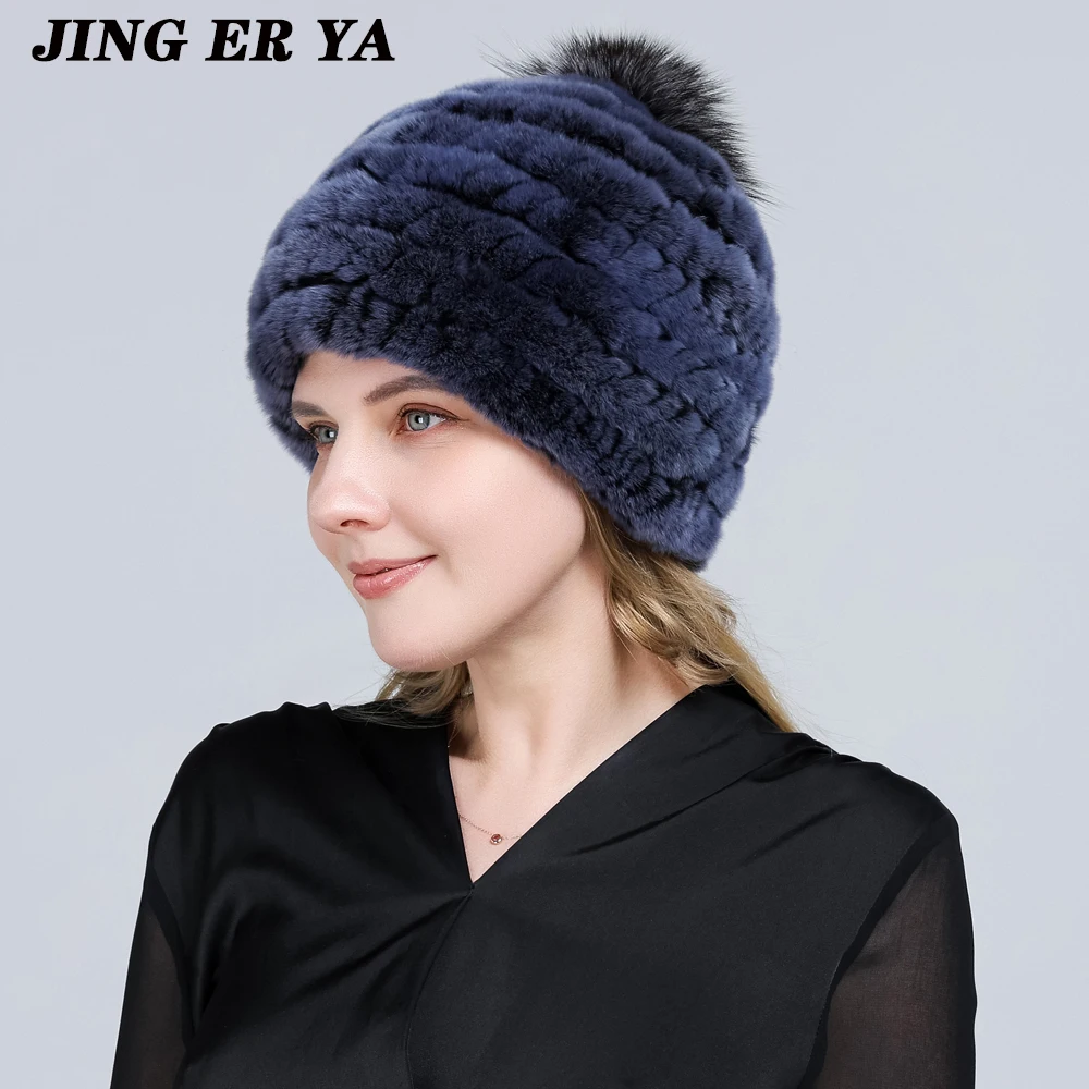 

JINGERYA Knitted Real Genuine Fox Fur Hats Women Beanies Solid Rex Rabbit Fur Caps Winter Lady Party Fashion Fur Hat Skullies