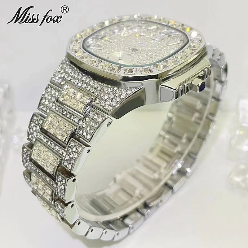 MISSFOX Luxury Quartz Watch For Mens Automatic Date Fashion Waterprof Clock Hip Hop Iced Diamond Jewelry Wristwatch Reloj Hombre