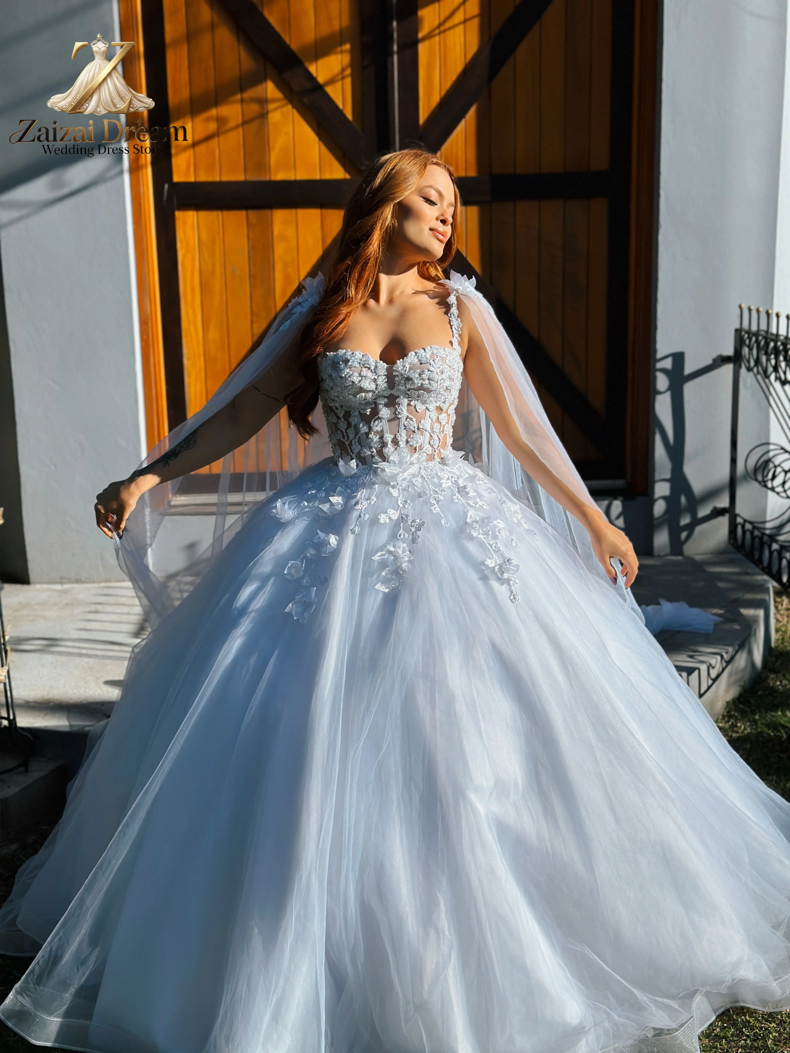 Customized Luxury 3D Floral Wedding Dress Sheer Corset Bridal Gown Fairy Tulle Ball Gown Romantic Bride Dress Vestido De Novia