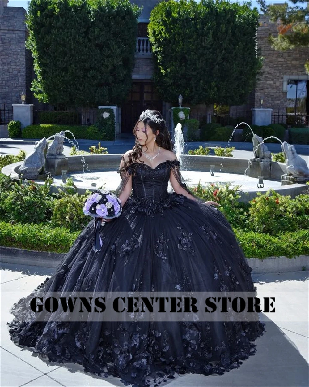 New Design 2024 Princess Black 3D Flowers Quinceanera Dress With Cape Off Shoulder Ball Gown Wedding Gowns Sweet 16 Customized