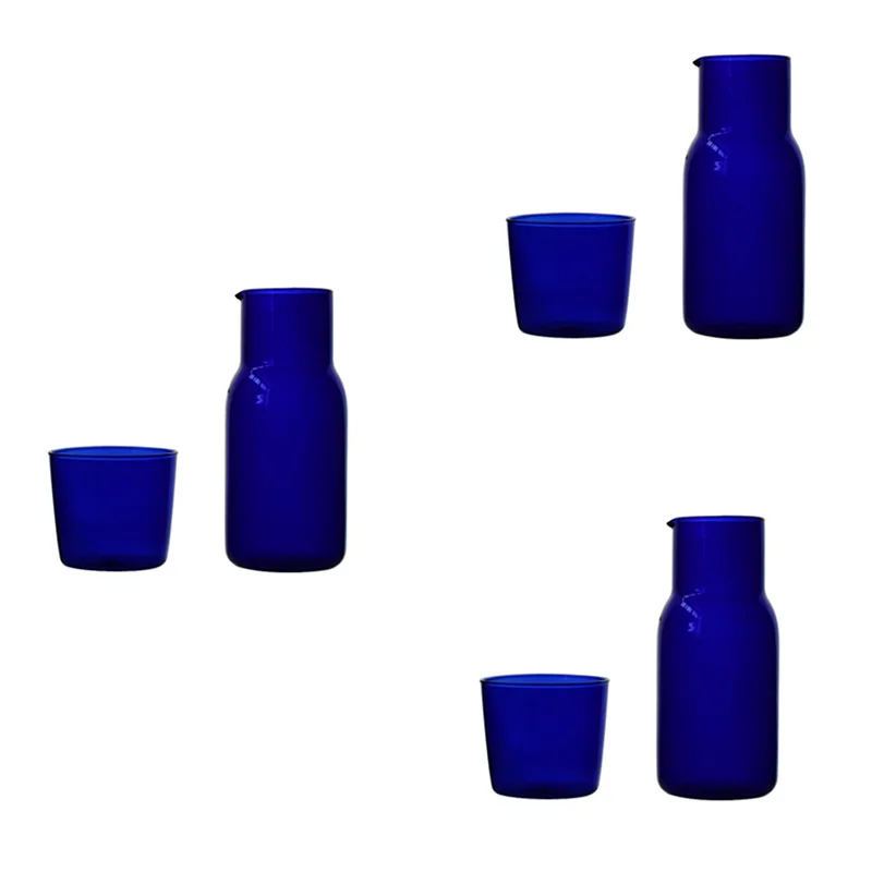 

AT02-3X Transparent Candy Color Glass Teacup Set Simple Heat-Resistant Drinking Juice Cup With Tea Pitcher Water Bottle -Blue