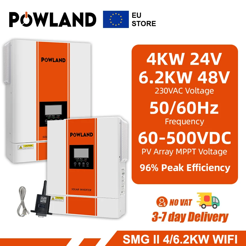 POWLAND 4000W 6200W Solar Hybrid Inverter Charger 24V 48V Battery Pure Sine Wave 220VAC 120A MPPT Solar Charge Controller LCD