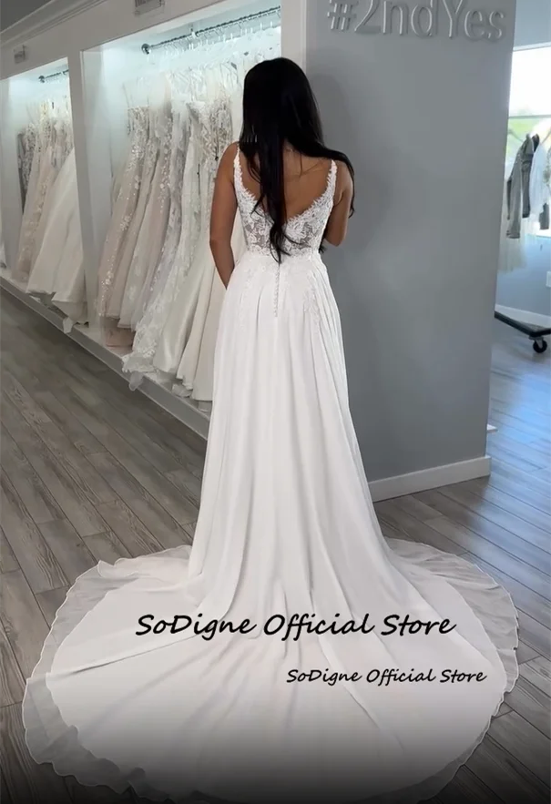    ชุดแต่งงานทรงเอไลน์แบบไม่มีแขน คอวี ประดับลูกไม้ ชุดเจ้าสาวแบบยาว ชุดเจ้าสาว สามารถสั่งตัดได้