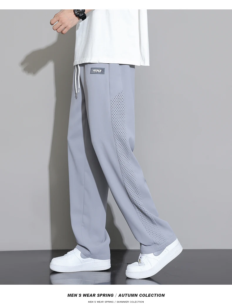 

Брюки из ледяного шелка для мужчин, летний тонкий дизайн, висящее ощущение, свободные повседневные брюки прямого кроя, модные брендовые мужские широкие спортивные брюки