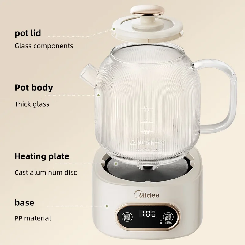 غلاية زجاجية كهربائية Midea ، الصحة والحفظ ، صانع الشاي ، حجز 24 ساعة ، درجة حرارة ثابتة 12 ساعة ، وعاء متعدد الوظائف ،