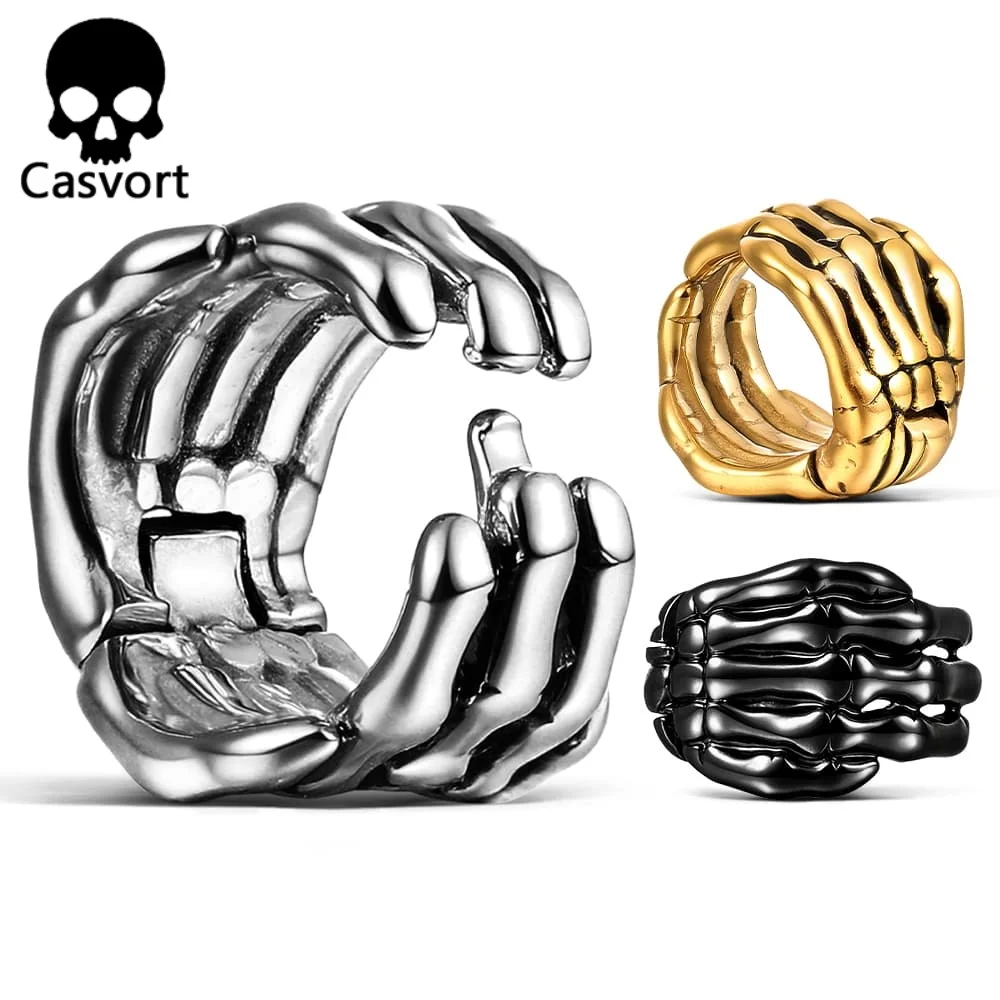 Casvort 316L Stainless Steel New Lobe Cuff Skeleton Hand Ear Gauges Plugs Stretcher Clip on Cartilage Body Jewelry Halloween