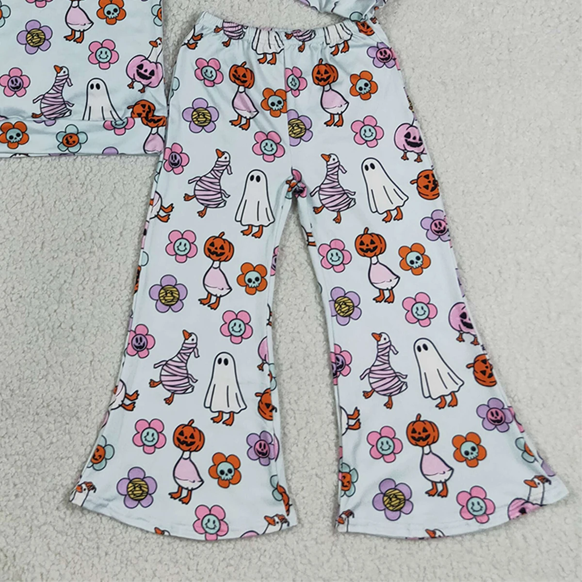 Toddler Baby Girl Flowers Ghosts Top Bell Bottom Flare Pant Kids Halloween Fall Clothes Sets Fashion Children Clothing Wholesale