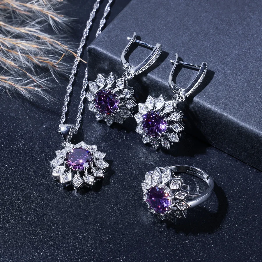 Elegant Purple Zircon Flower Jewelry Set For Women - Includes Bracelet, Earrings, Necklace Ring For Daily Wear & Gifting