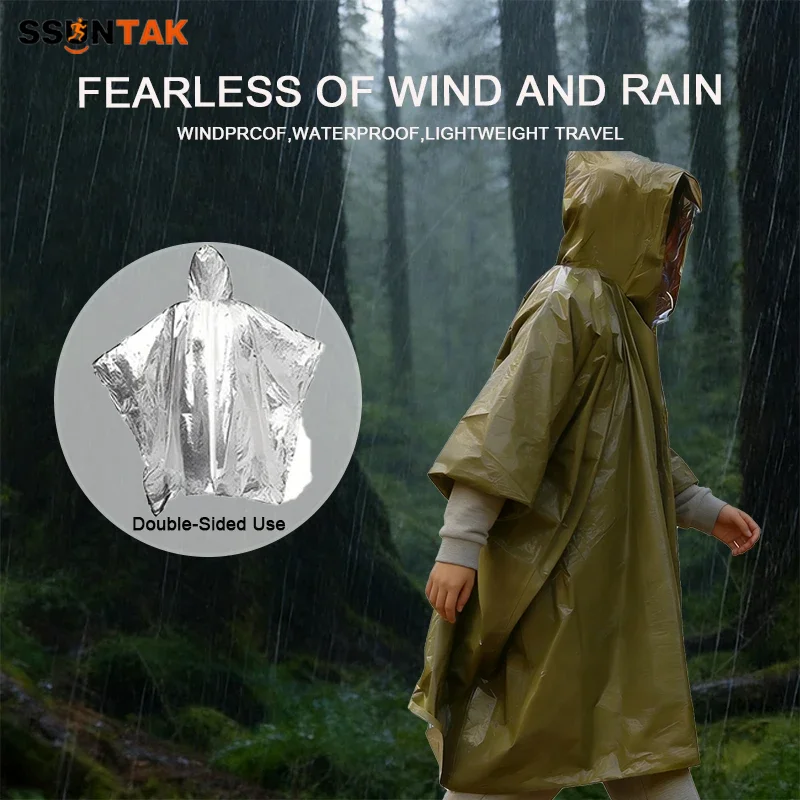 SSUNTAK Emergency Survival Rain Poncho Waterproof Thermal  Blanket Survival Tool Camping Equipment for Hiking Outdoor Camp Daily