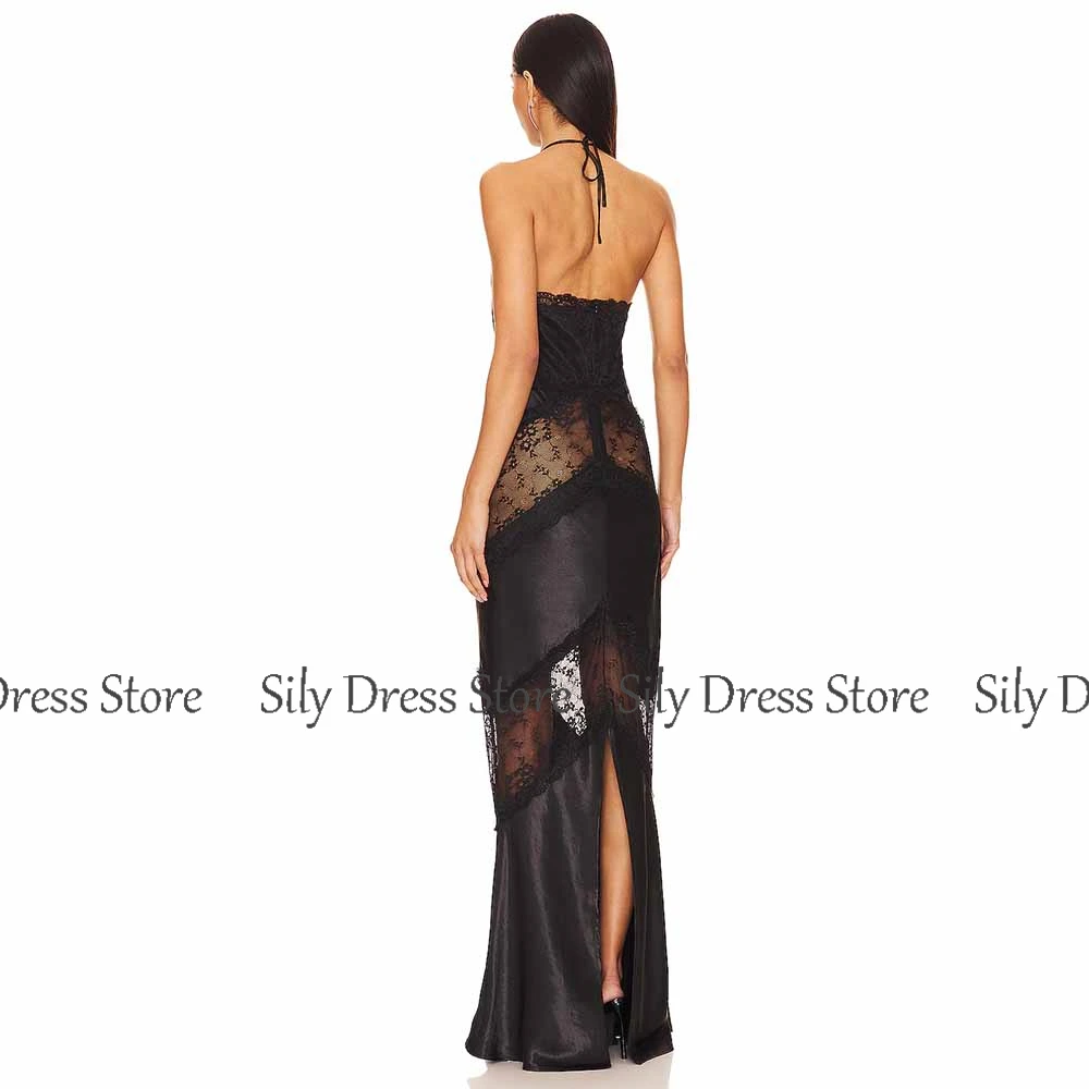Lace Sexy Evening Dresses 2025 Satin Mermaid/Trumpet Celebrity Dress Black Halter Hollow Ruched Split Prom Dress Long image 2
