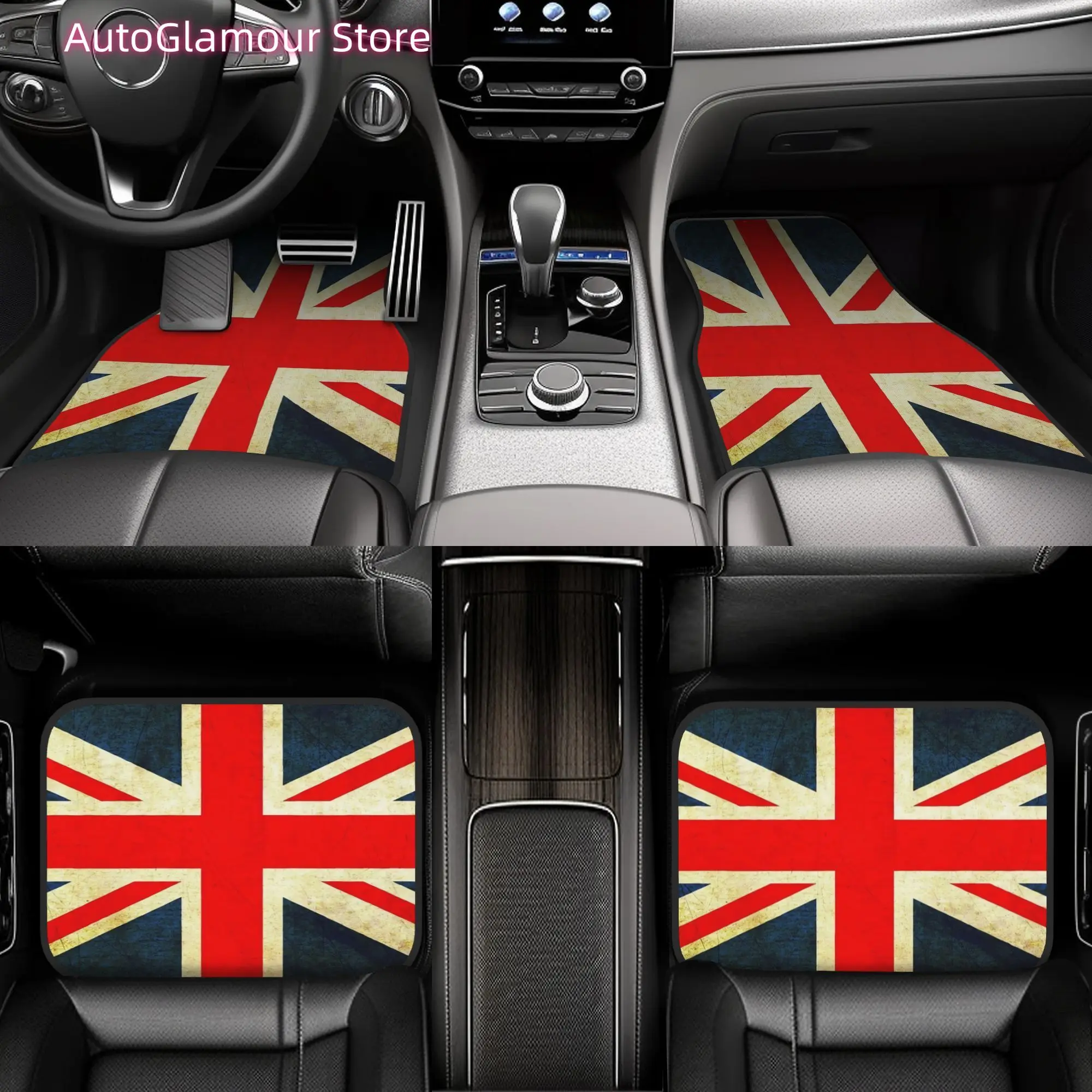4pcs Grunge Effect Union Jack Car Floor Mats, Durable Polyester Fiber, Fit for Cars, Ideal Gift, Vehicle Interior Mats, Playful