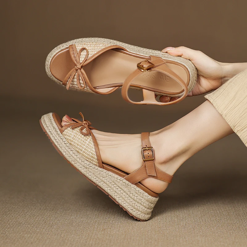 EAGSITY Rattan element women wedges sandals pumps espadrilles shoes ankle strap pointed toe sandals high heel shoes party casual