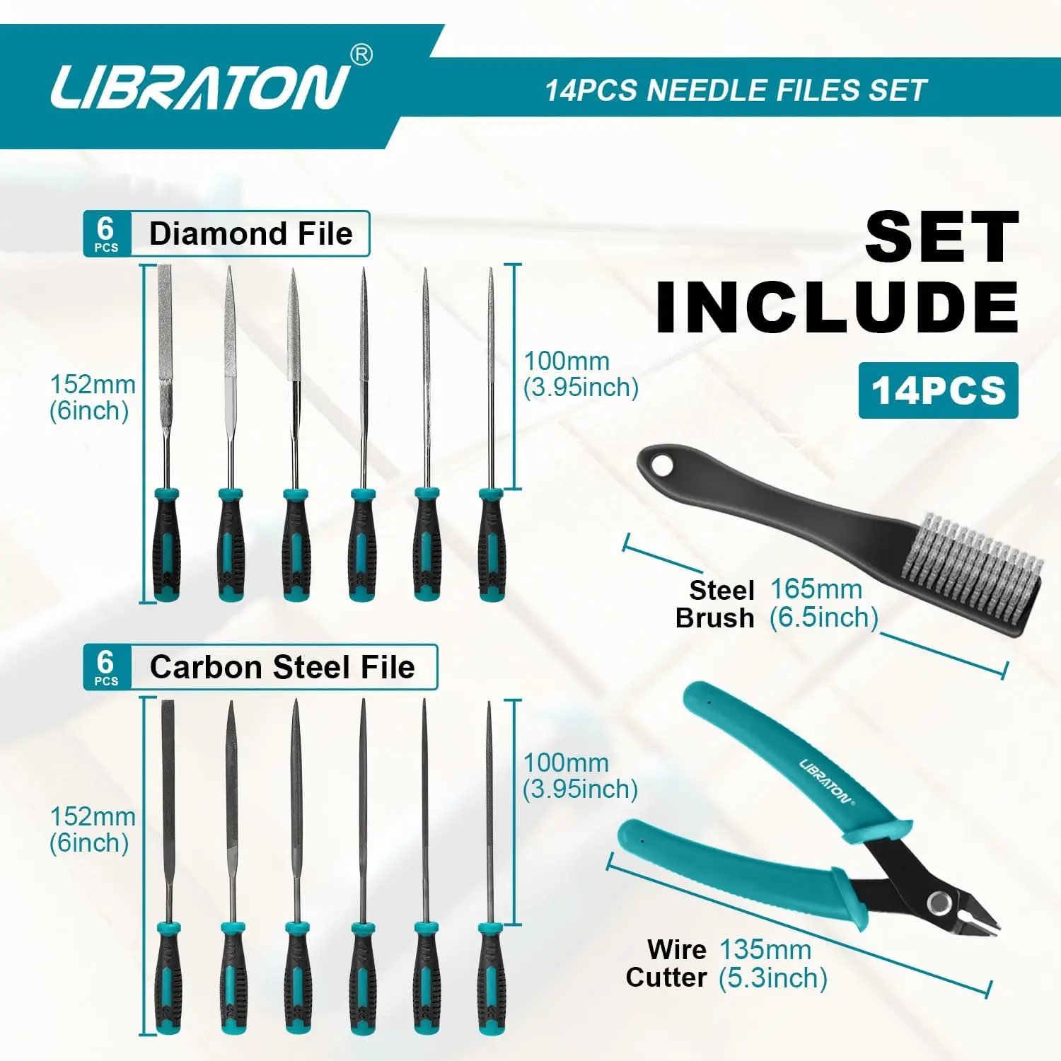 Libraton Diamond Needle File Set 14PCS Small File Set 6 Diamond Files & 6 Carbon Steel Files with Wire Cutter Steel Brush