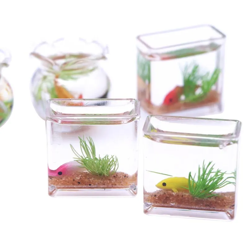 1Pc 1:12 Dollhouse Miniature Fish Tank Simulation Aquarium Square Goldfish Tank  Model Home Decor Toy Doll House Accessories