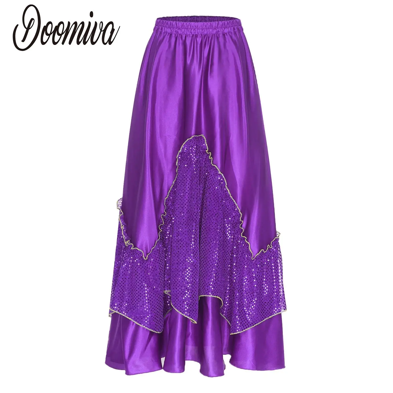 

Women Spanish Bull Dance Flamenco Skirts Glittery Sequin Patchwork Satiny Big Swing Skirt for Ballrooms Tango Dance Costume