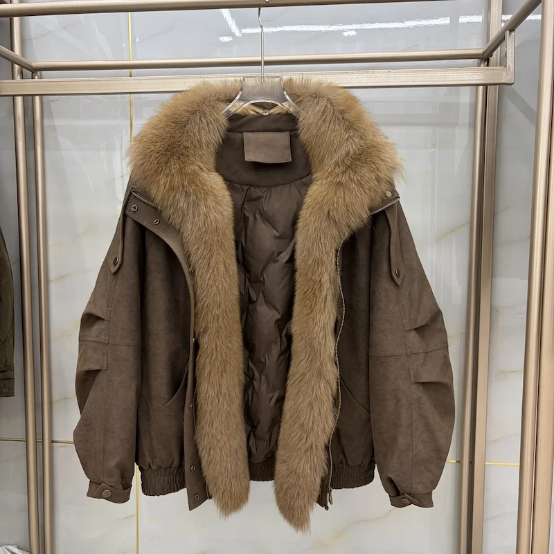Real Natural Fox Fur Collar Women Goose Down Coat Vintage Faux Suede Cropped Oversized Luxury Female Winter Warm Down Jacket