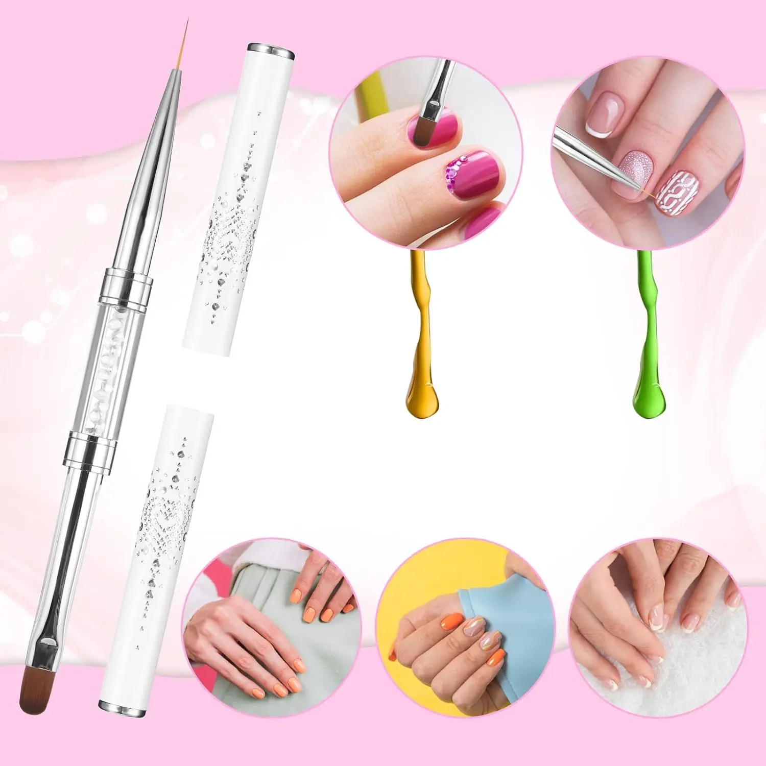 1/2/3Pcs Double Ended Nail Art Brush Set Oval Gel Liner Poly Gel with Steel Pusher Rhinestone Handle French Manicure UV Gel