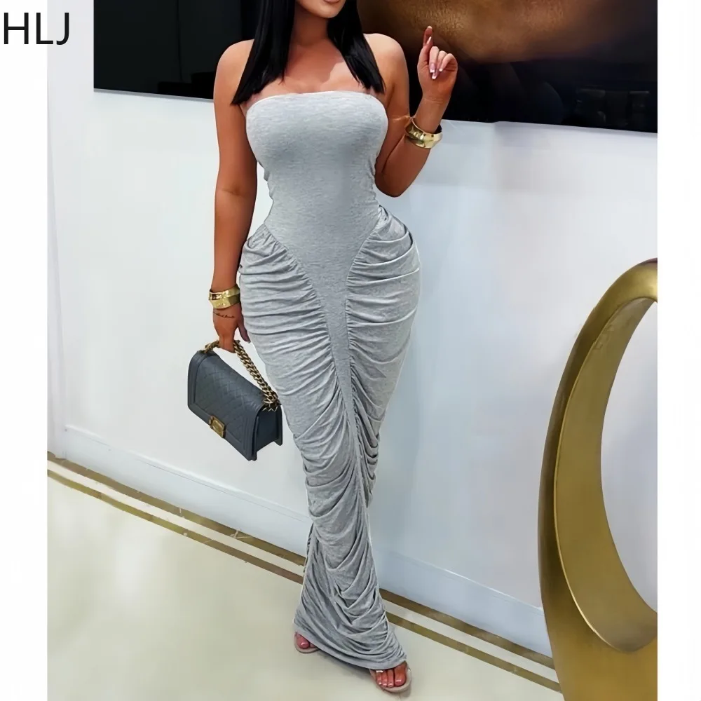 

HLJ Sexy Solid Color Bodycon Dresses for Woman Ruched Patchwork Sleeveless Backless Dress Fashion Female Streetwear Vestidos New