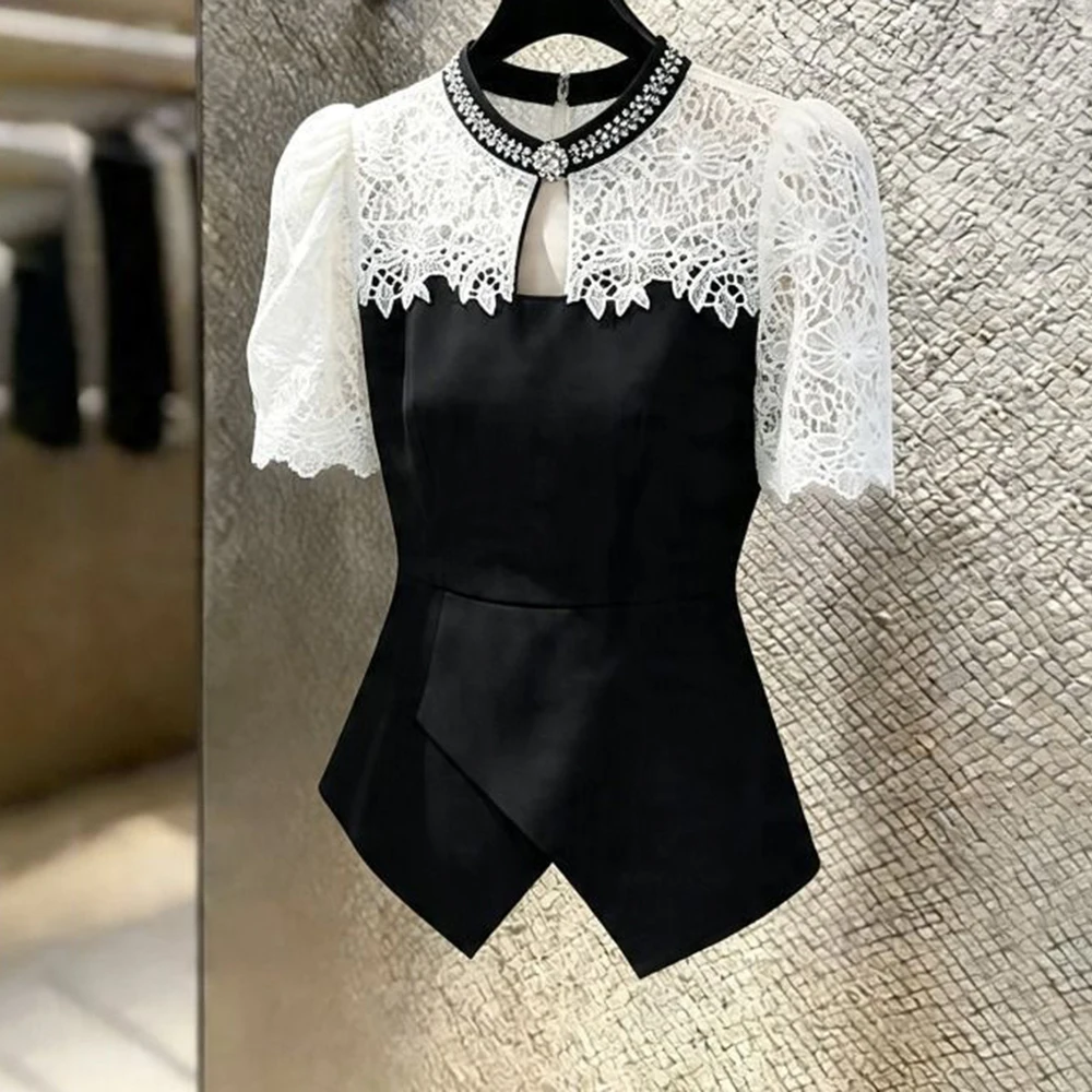 Lace splicing black short-sleeved shirt women's 2026 new summer high-end light luxury chic foreign-style shirt top