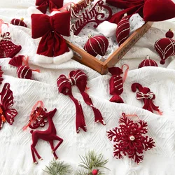 Christmas Tree Supplies Red Flocking Pendant Bow Wreath Candy Cane Elk Butterfly Hanging Ornament Xmas New Year Party Home Decor