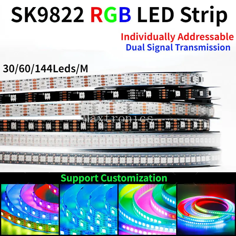 

DC5V 1M/5M SK9822 Светодиодная лента Аналогичная APA102 30/60/144LED/M RGB Двойная передача сигнала отдельно индивидуально адресуемая