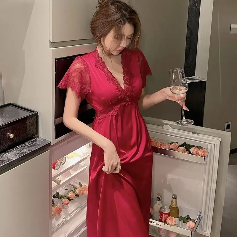 V-neck Pajama Women Summer Nightgown Ice Silk Sexy Famale Robes Lace Breast Pad Senior Wedding Red Short-sleeved Long Nightdress