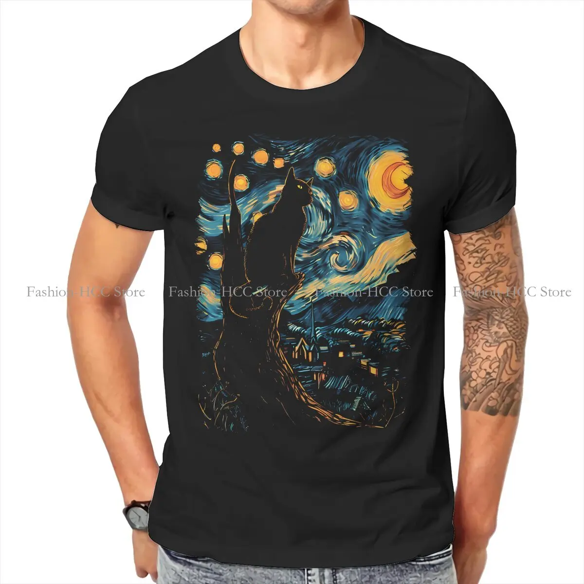 Vincent Van Gogh Starry Night O Neck TShirt Black Cat Fabric Classic T Shirt Men Clothes New Design