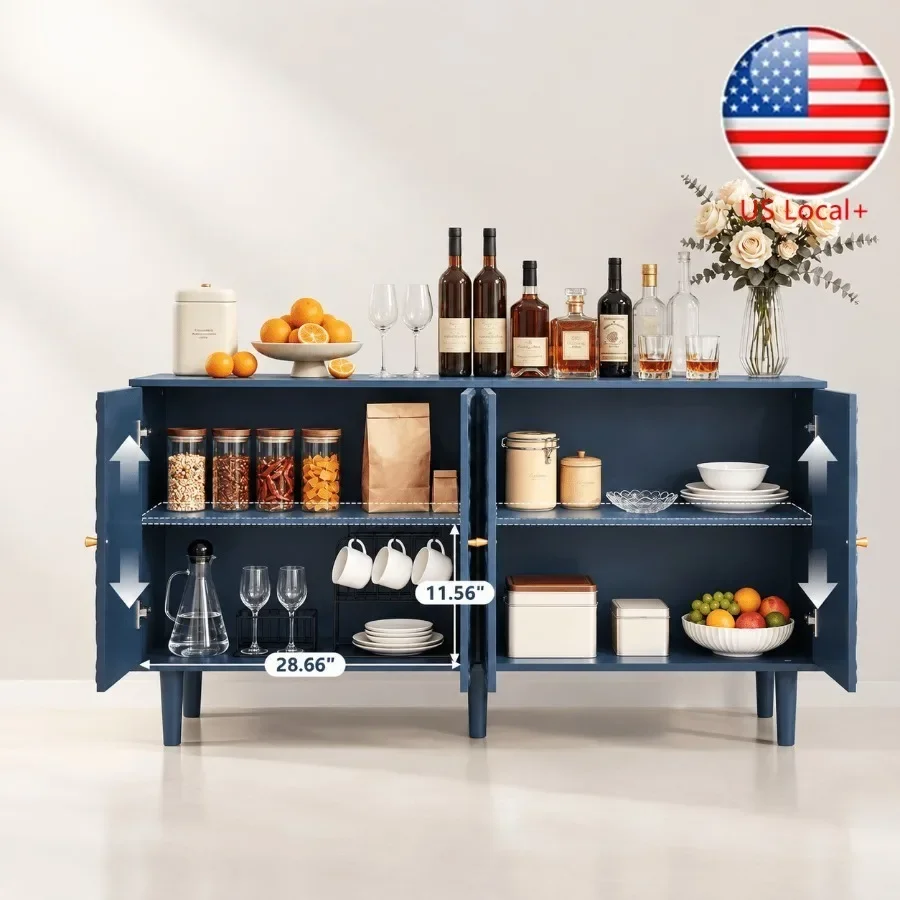 59 Buffet Cabinet with Storage for Dining Room, Midnight Blue Floral Embossed Metal Sideboard with Rust-Resistant Finish