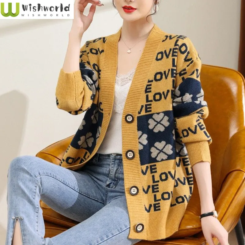 Letter Jacquard Sweater for Women 2023 Spring and Autumn New Slouchy Korean Version Loose Sleeve Knitted Cardigan Women's Coat