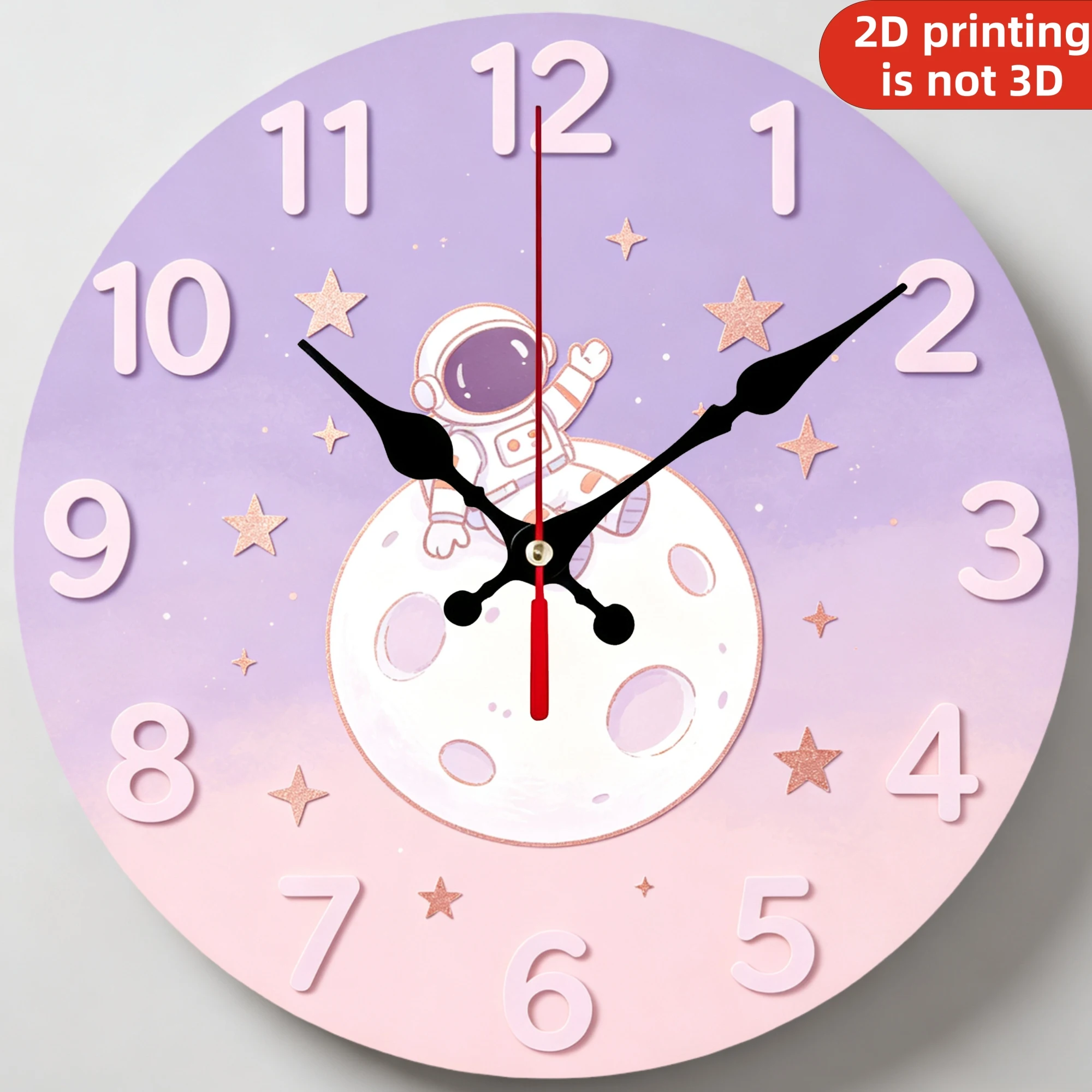 Cute Astronaut Pastel Purple Wooden Wall Clock, 10/12 Inch Round Wood Clock, Silent Non Ticking Quartz Movement, Crescent Moon Star Nursery Printed Home Decor