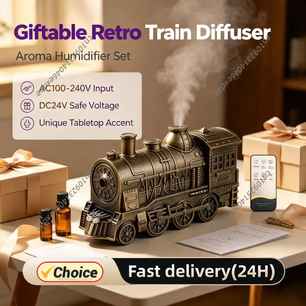 300ML Vintage Steam Train Air Diffuser Humidifier with 2-Color LED Light/2 Mist Modes Cool Mist Humidifier for Office Bedroom