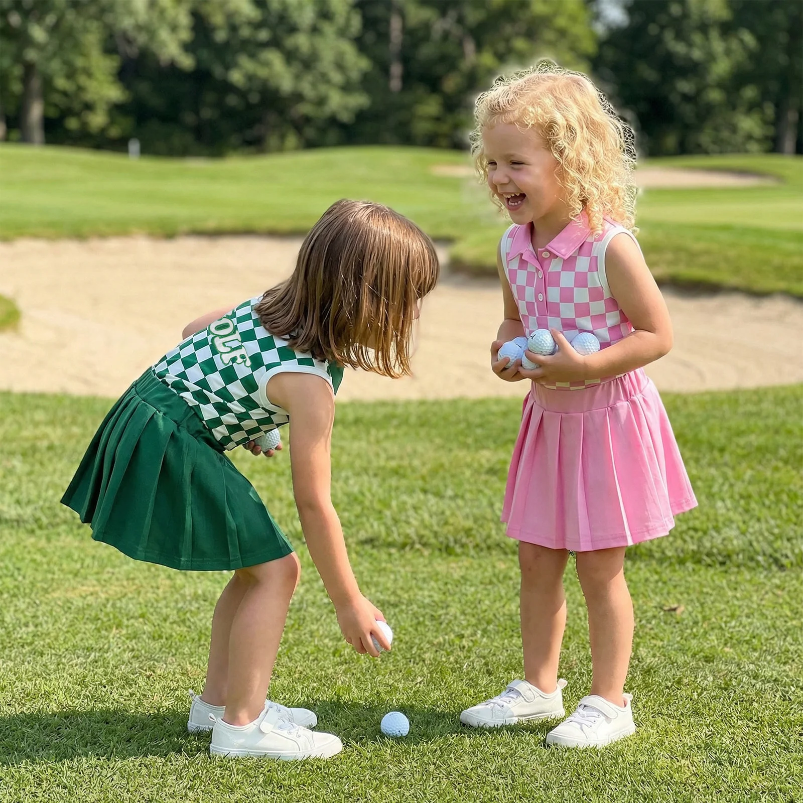 Toddler Girl Summer Outfits Checkerboard Print Sleeveless Lapel Tank Tops Pleated Skirt 2 Pcs Golf Set