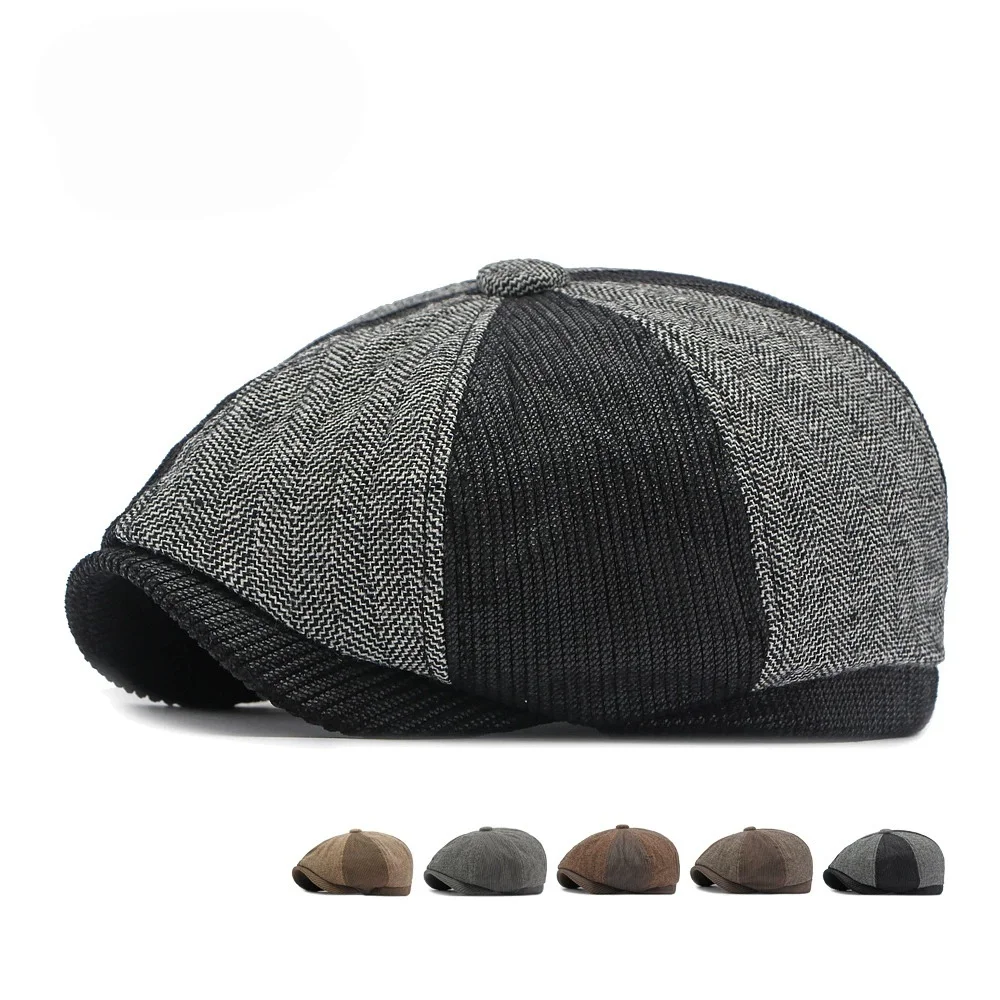 Men's Wool Octagonal Hat for Fall/Winter: Unique Patchwork, Fleece-Lined, Warm Baseball Cap; Women's British Retro Newsboy Cap