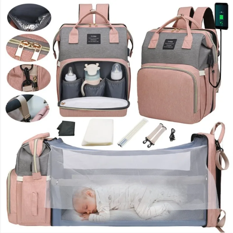 

Mommy Bag Folding Crib Travel Portable Bed Large-capacity Maternity Bag Outgoing Baby Backpack Waterproof Diaper Bags for Baby
