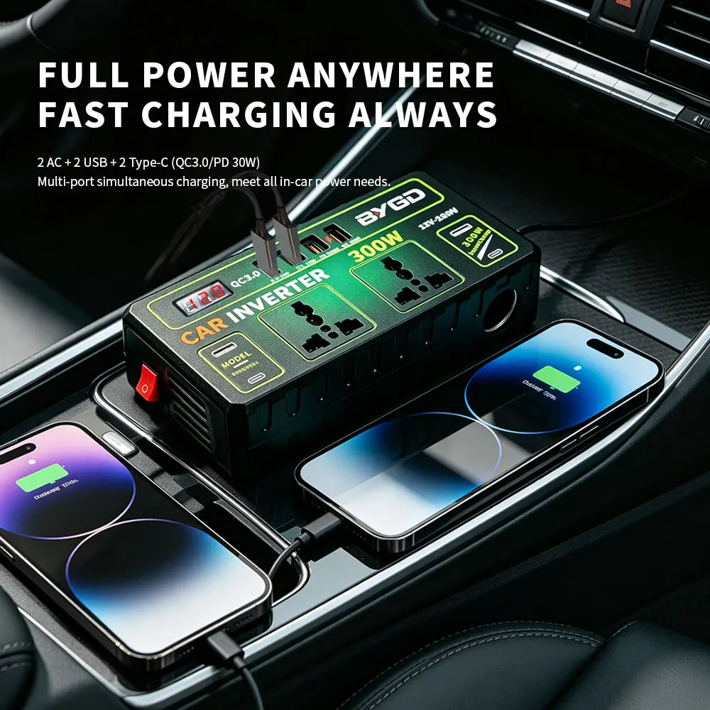 300W Car Power Inverter Peak 600W 12V/24V DC To 220V AC Dual Socket Dual USB Interface Dual Type-C Interface LCD Display Screen
