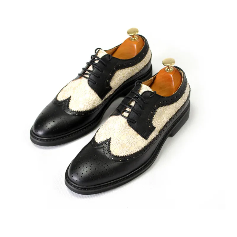 Spring and summer lace patchwork embroidery Derby formal leather shoes lace up cow leather thick sole high size men's shoes