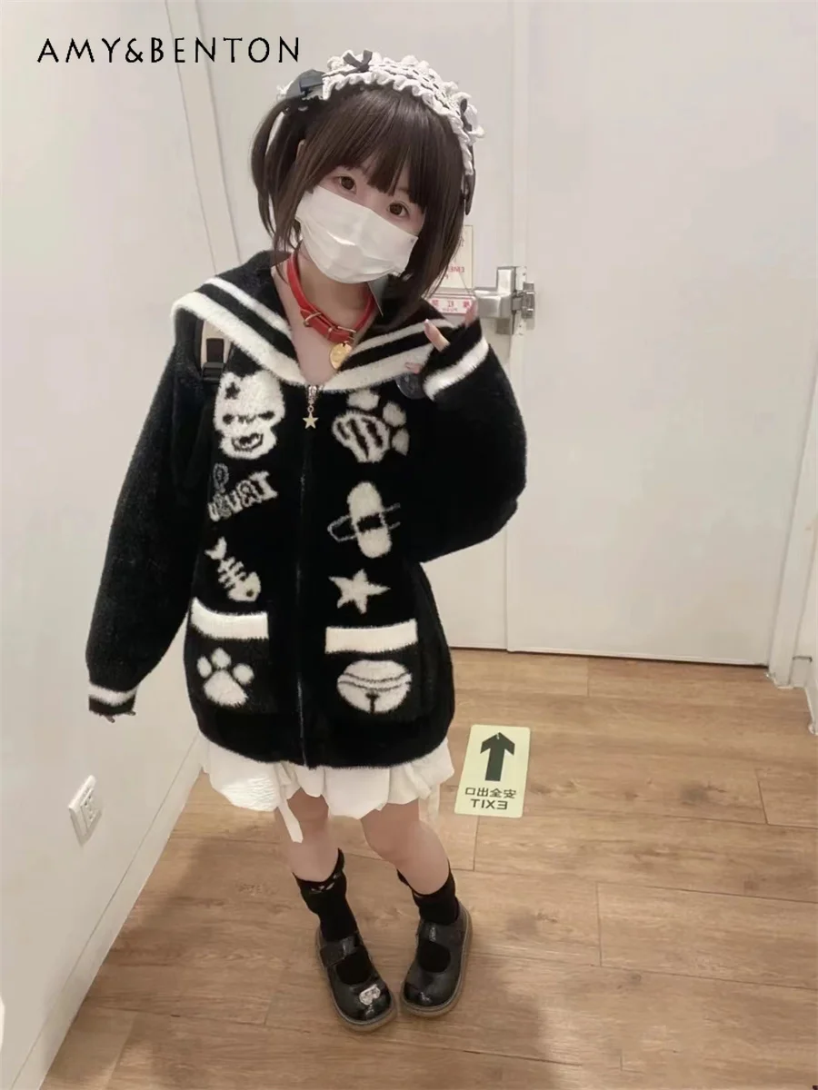 Japanese Goth Cute Furry Sailor Collar Knitted Cardigan Harajuku Street Punk Cartoon Print Oversized Cardigans Y2K Midi Sweater