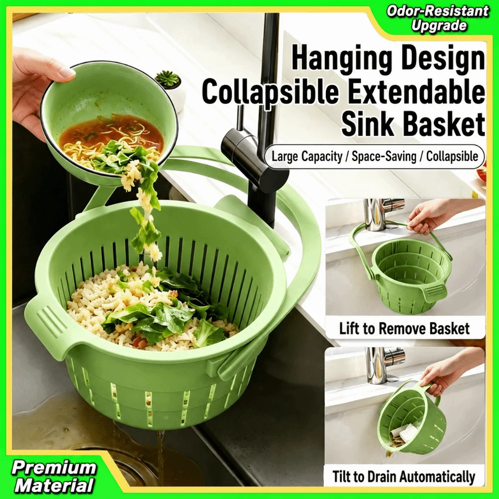 Collapsible Sink Drain Basket Retractable Hanging Fruit Washing Basket Large Capacity Anti-clogging Food Strainer Filter