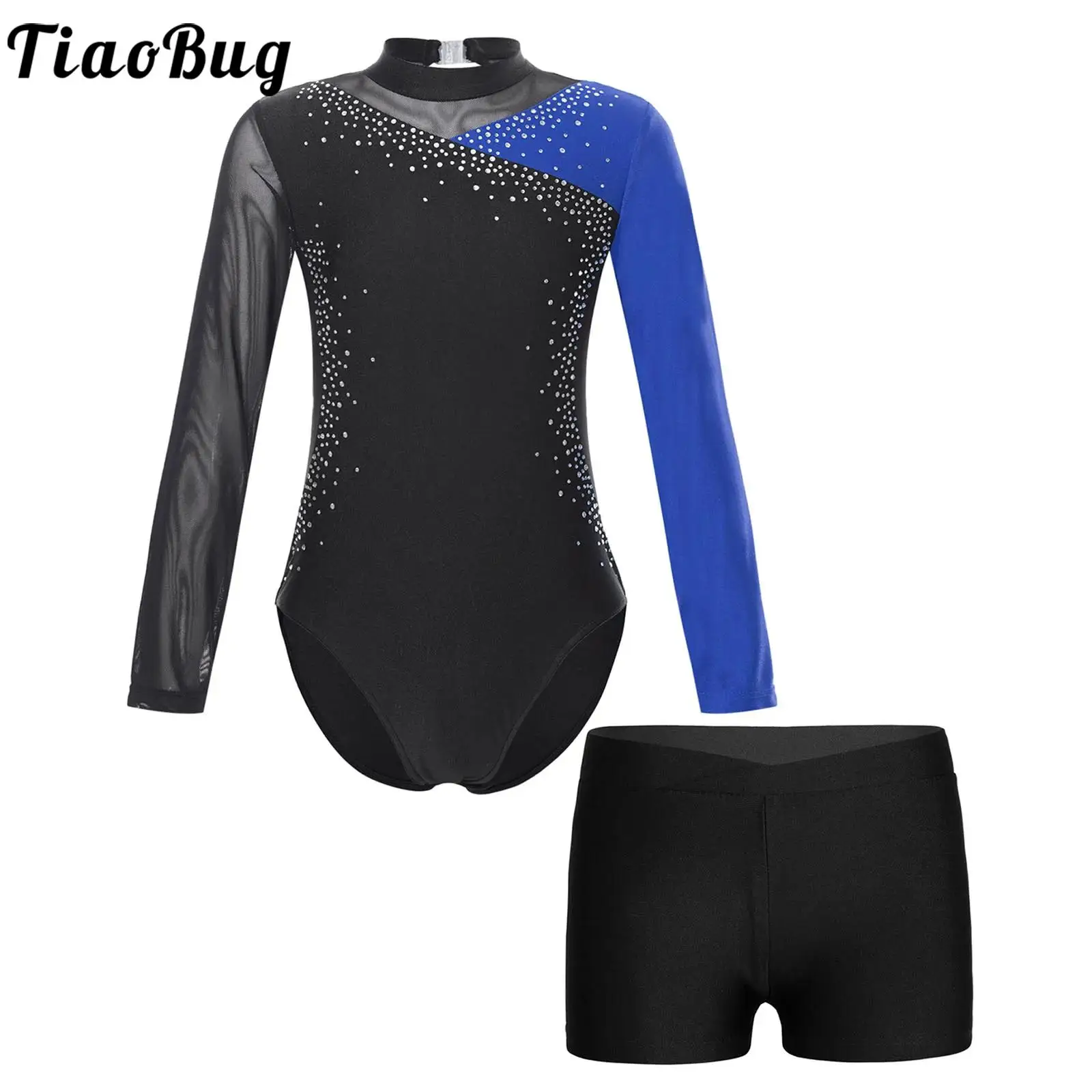 

Big Girls Long Sleeve Gymnastics Leotard Unitard with Shorts 2Pcs Outfits Ballet Dance Set Figure Skating Bodysuit Jumpsuit