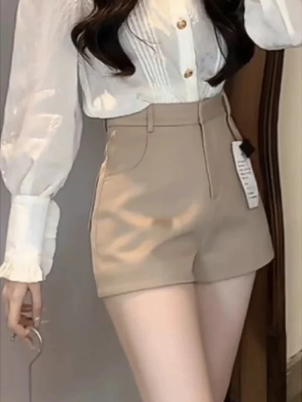 High Waist Khaki Wide Leg Suit Shorts Women's Casual Pants Loose Fitting A-Line Slimming High Waist Trousers Commute Style