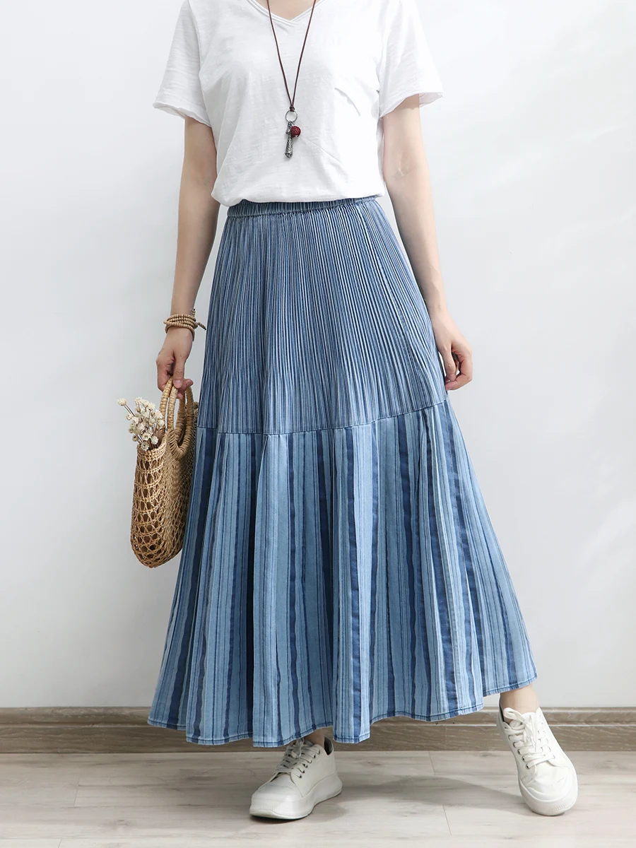 TIYIHAILEY New Long Maxi Women Elastic High Waist Spring And Summer Denim Skirt Lady Striped Plated Patchwork Ladies Clothing